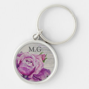 Rustic Wood Watercolor Purple Rose Monogram Keychain