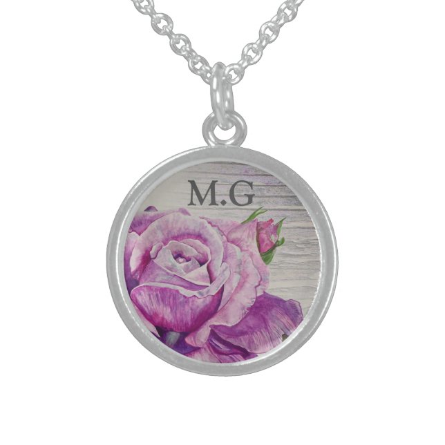 Rustic Wood Watercolor Purple Rose Monogram Sterling Silver Necklace (Front)