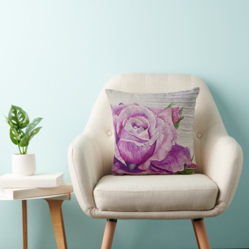 Rustic Wood Watercolor Purple Rose Throw Pillow