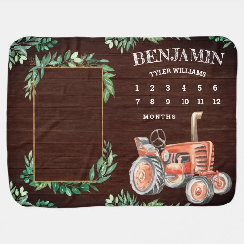 Rustic Wood Watercolor Red Farm Tractor Milestone Baby Blanket