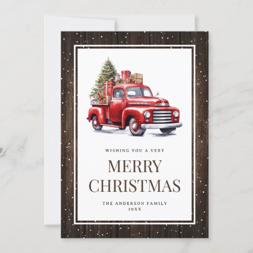 Rustic Wood Watercolor Red Truck Christmas Tree Holiday Card