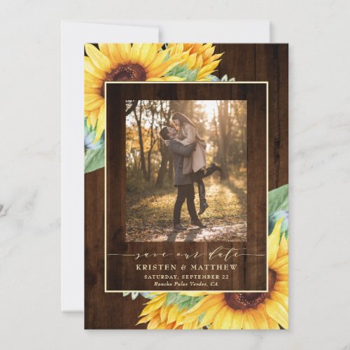 Rustic Wood Watercolor Sunflower Photo Save The Date