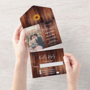 Rustic wood watercolor sunflower photo Wedding All In One Invitation