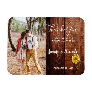 Rustic wood watercolor sunflower photo wedding magnet