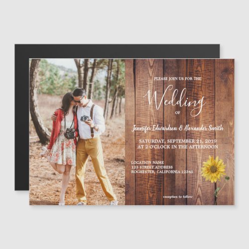 Rustic wood watercolor sunflower photo wedding magnetic invitation