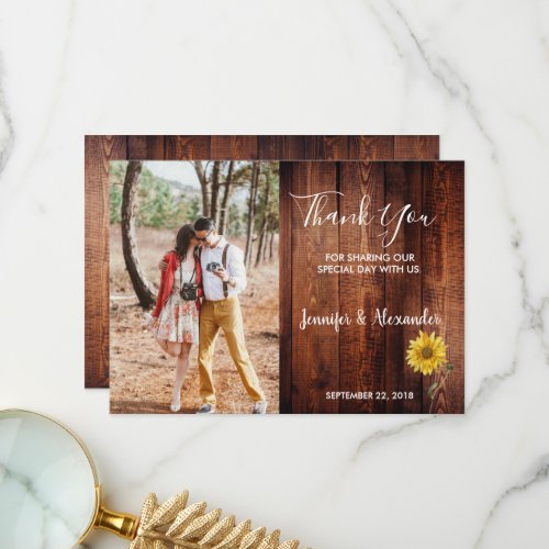 Rustic wood watercolor sunflower photo wedding thank you card