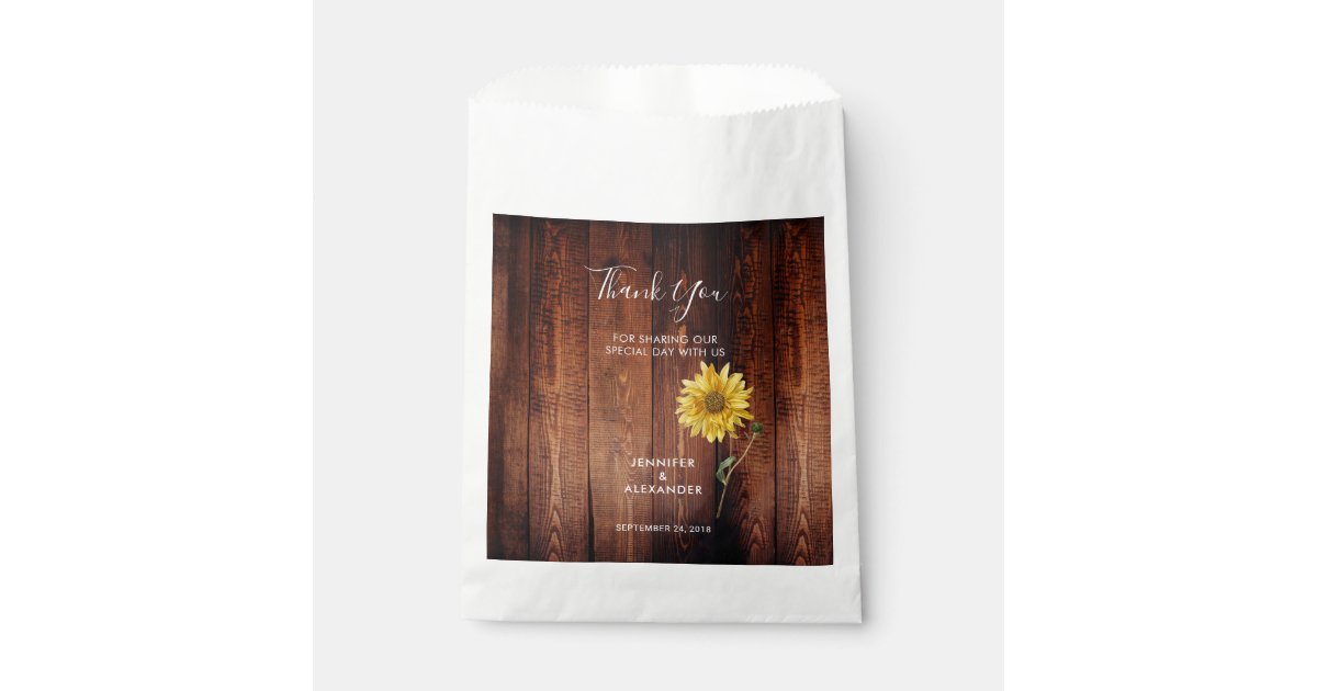 Rustic wood watercolor sunflower thank you wedding favor bag | Zazzle