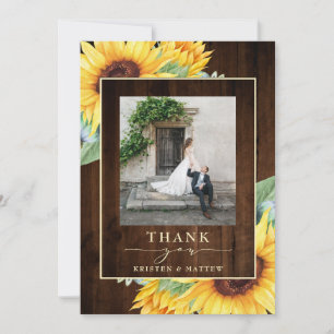Rustic Wood Watercolor Sunflower Wedding Photo Thank You Card