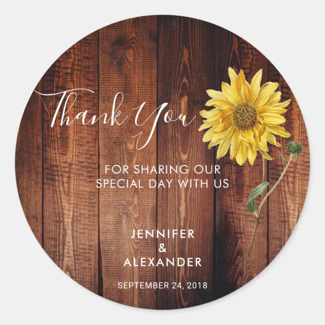 Rustic wood watercolor sunflower Wedding Thank You Classic Round ...