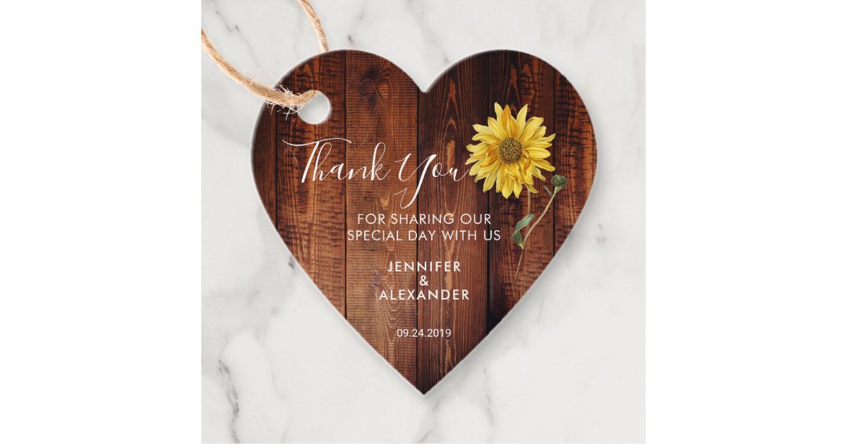 Rustic wood watercolor sunflower wedding thank you favor tags | Zazzle