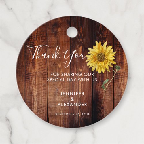 Rustic wood watercolor sunflower wedding thank you favor tags