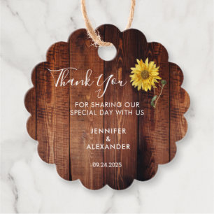 Rustic wood watercolor sunflower wedding thank you favor tags