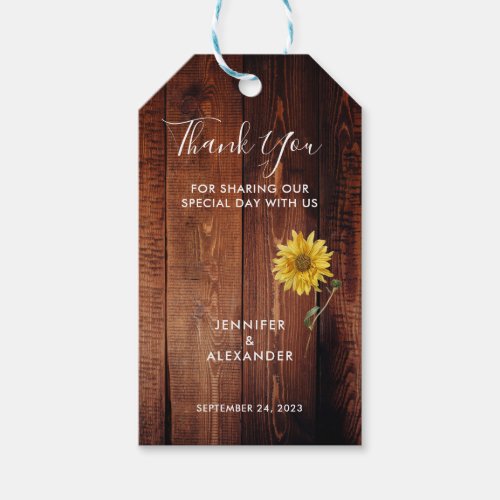 Rustic wood watercolor sunflower wedding thank you gift tags