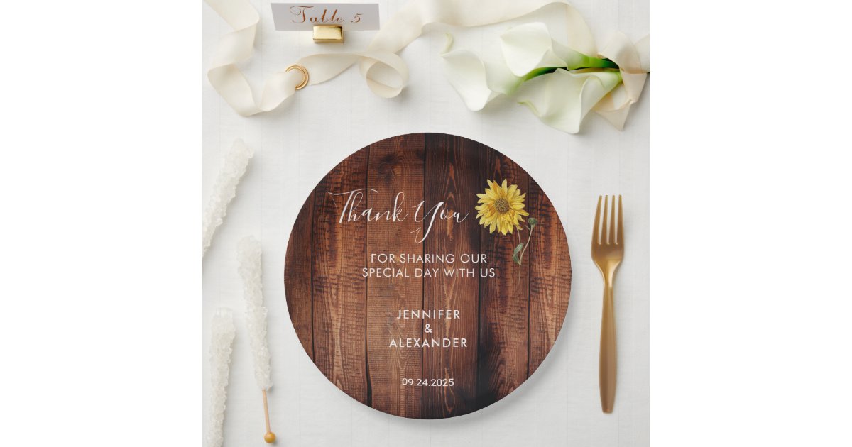 Rustic wood watercolor sunflower wedding thank you paper plates | Zazzle