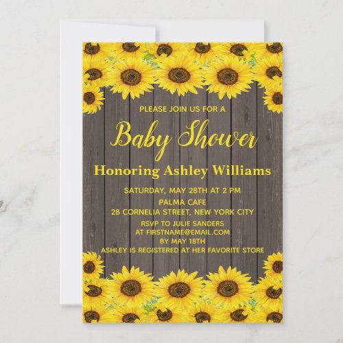 Rustic Wood Watercolor Sunflowers Cute Baby Shower Invitation