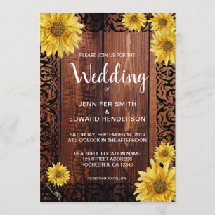 Rustic wood watercolor sunflowers vintage wedding invitation