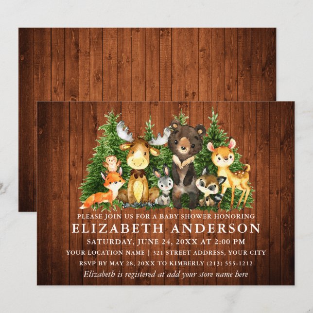 Rustic Wood Watercolor Woodland Animals Shower Invitation (Front/Back)