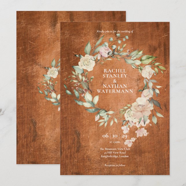 Rustic Wood Watercolour Greenery Floral Wedding Invitation (Front/Back)