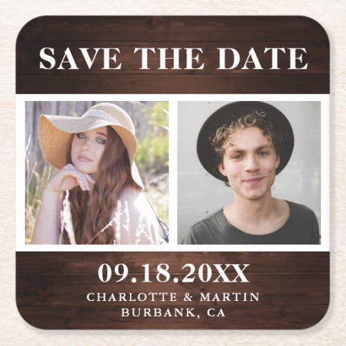 Rustic Wood Wedding 2 Photo Save The Date Square Paper Coaster