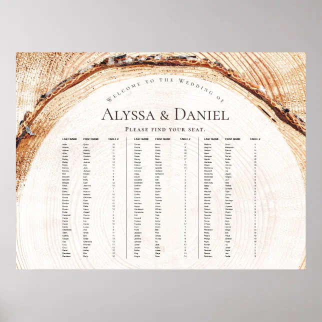 Rustic Wood Wedding Alphabetical by last name Poster | Zazzle