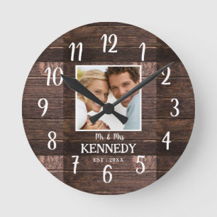 Rustic Wood Wedding Anniversary Couple Photo Round Clock