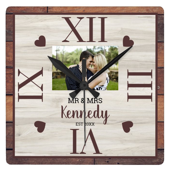Rustic Wood Wedding Anniversary Couple Photo Square Wall Clock | Zazzle.com