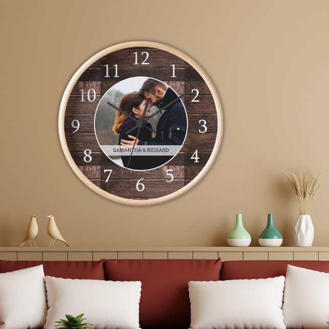 Rustic Wood Wedding Anniversary Custom Photo Large Clock (Rustic Wood Wedding Anniversary Custom Photo Large Clock - 5th wedding anniversary gift idea)