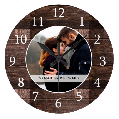 Rustic Wood Wedding Anniversary Custom Photo Large Clock
