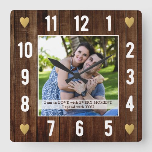 Rustic Wood Wedding Anniversary Quote Photo Square Wall Clock