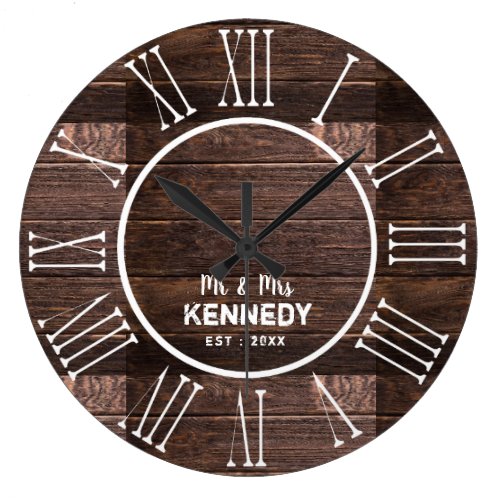 Rustic Wood Wedding Anniversary Roman Numeral Large Clock