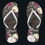 Rustic wood Wedding Bride Flip Flops<br><div class="desc">Rustic wood Wedding Bride design with lace details and string of lights. Beautiful floral details are in first plan and make these design elegant and chic. Design is easy to personalize, if you wish to change fonts please Click to customize further. This design is perfect for outdoor weddings and barn...</div>