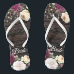 Rustic wood Wedding Bride Flip Flops<br><div class="desc">Rustic wood Wedding Bride design with lace details and string of lights. Beautiful floral details are in first plan and make these design elegant and chic. Design is easy to personalize, if you wish to change fonts please Click to customize further. This design is perfect for outdoor weddings and barn...</div>