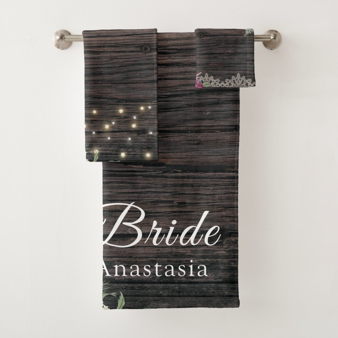 Rustic wood Wedding Bride Personalized Bath Towel Set | Zazzle