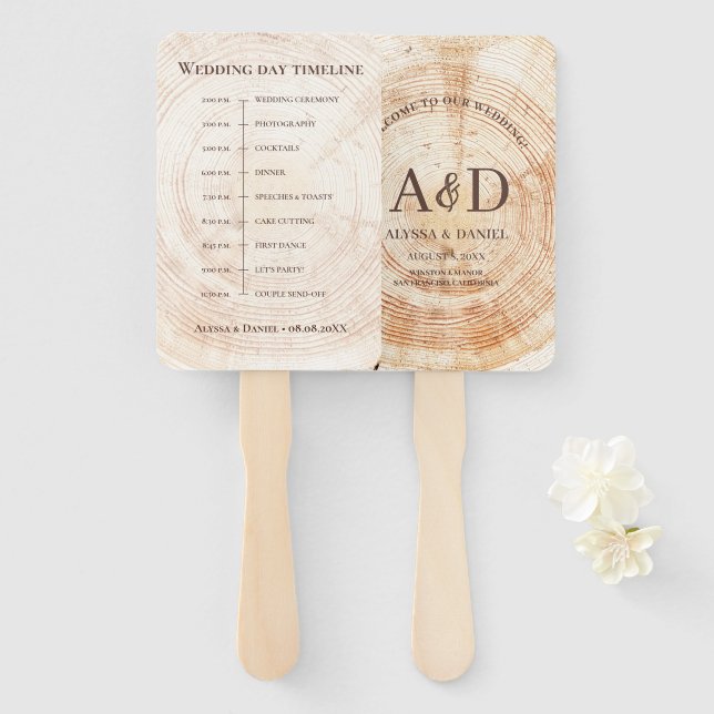 Rustic Wood Wedding day Timeline Souvenir Hand Fan (Front and Back)