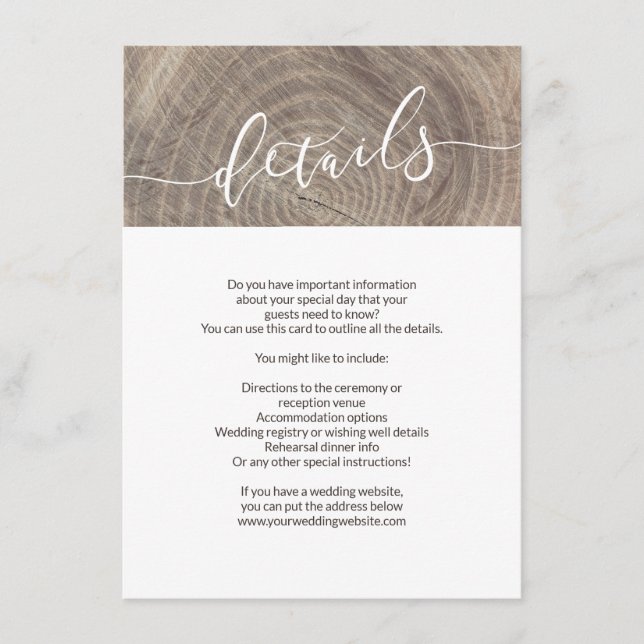 Rustic wood wedding details card (Front)