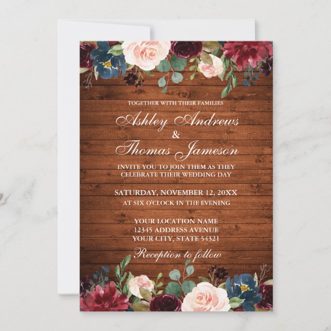 Rustic Wood Wedding Floral Burgundy Blue Invite (Front)