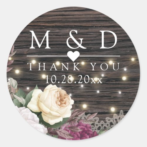 Rustic wood Wedding Floral initials Classic Round Sticker
