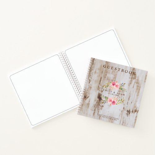 Rustic Wood Wedding Guestbook Pink Floral Wreath Notebook