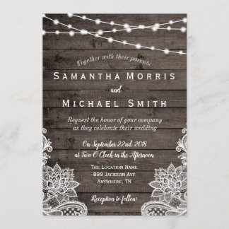 Rustic Wood Wedding Invitation with String Lights