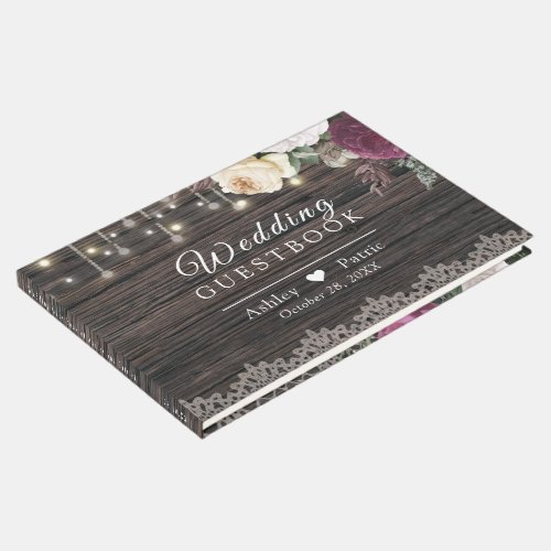 Rustic wood Wedding Lace Floral Guest Book