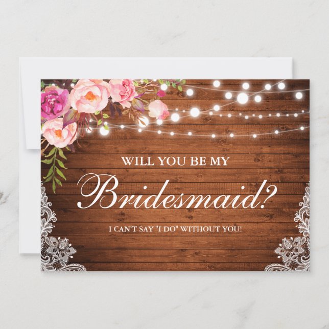 Rustic Wood Wedding Lights Lace Floral Bridesmaid Invitation (Front)