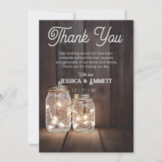 Rustic Wood Wedding Mason Jar Light Strings Custom Thank You Card
