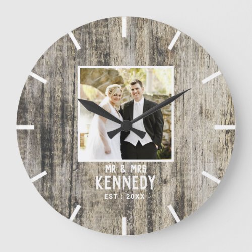 Rustic Wood Wedding Photo Anniversary Personalized Large Clock