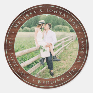 Rustic Wood Wedding Photo Return Address Classic Round Sticker