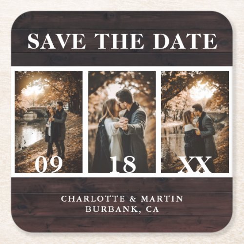 Rustic Wood Wedding Photo Save The Date Square Paper Coaster