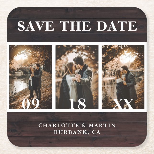 Rustic Wood Wedding Photo Save The Date Square Paper Coaster (Front)