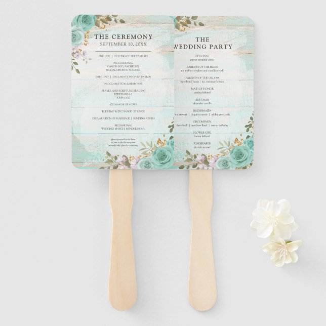 Rustic Wood Wedding Program & Party List Hand Fan (Front and Back)