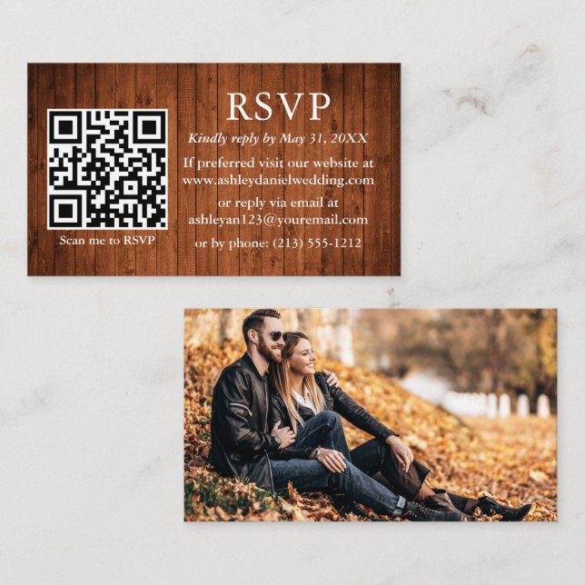 Rustic Wood Wedding QR Photo RSVP Enclosure Card (Front/Back)