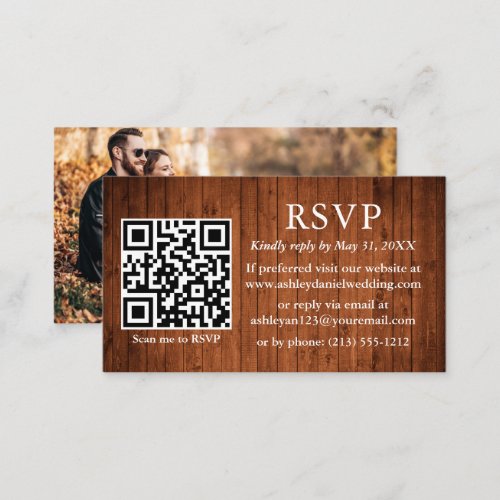 Rustic Wood Wedding QR Photo RSVP Enclosure Card