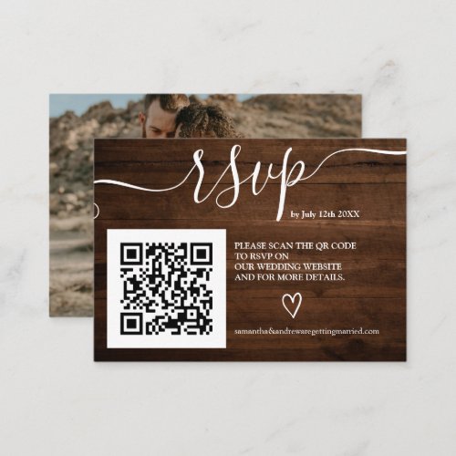 Rustic wood wedding rsvp Qr code photo Enclosure Card